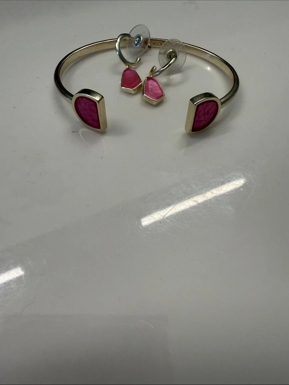 Kendra Scott Gold-tone Open Cuff Bracelet and Pink Stone Drop Earrings